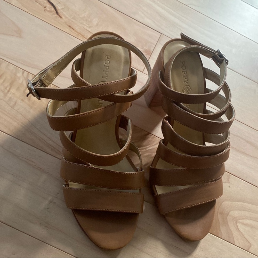 Poppy Barley Tan Strappy Leather Block Heel Sandals